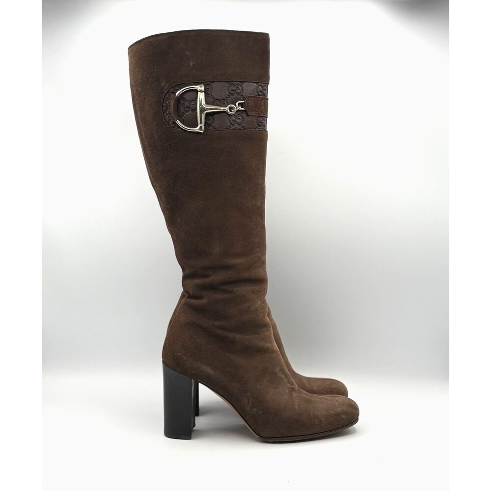 Gucci Brown Suede Knee High Boots GG Logo Accent Silver Horse-bit Size EU 36.5